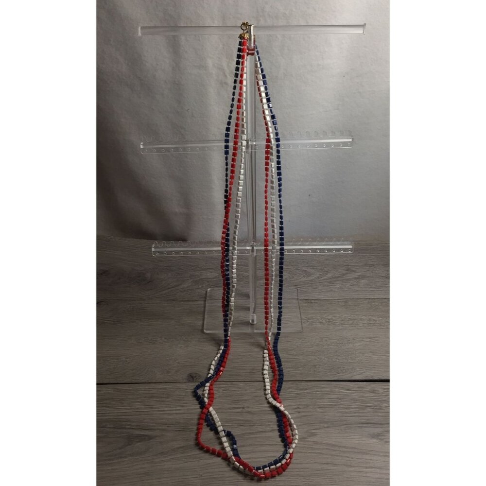 Vintage Multicolor Red White & Blue 3-Strand Plastic Beaded Necklace With Clasp